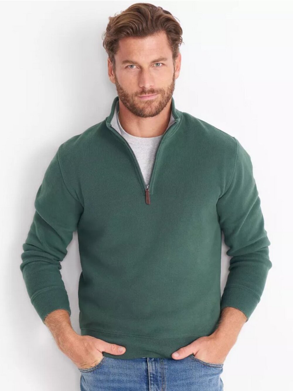 Lands End Bedford 1/4 Zip Pullover Sweater Mens Sz Large Green Ribbed Knit New